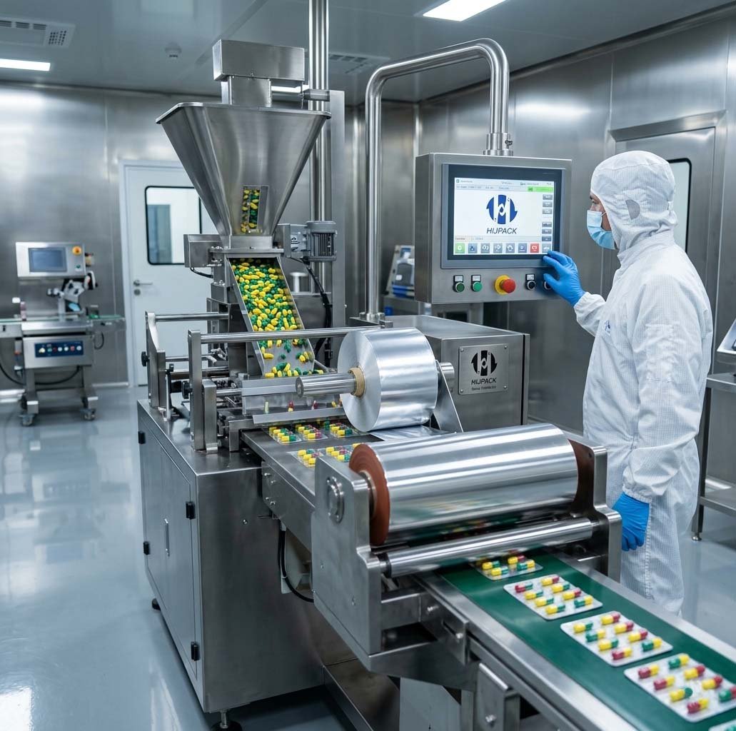 High-speed pharmaceutical tablet blister packer running at full production throughput with OEE monitoring