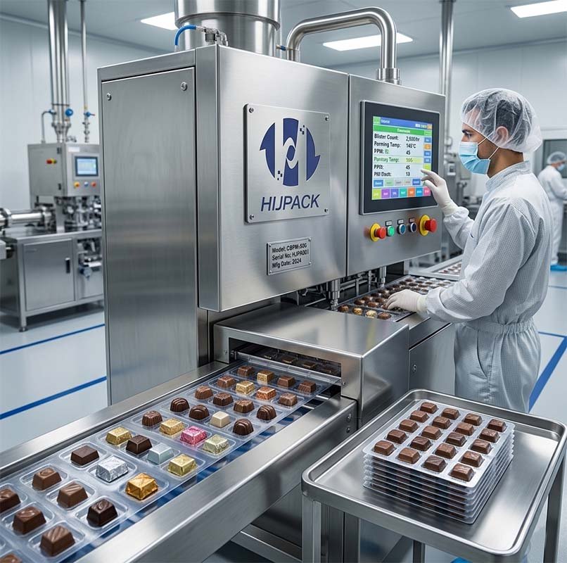 HIJ automatic chocolate blister packing machine forming station showing thermoforming configuration for PVC and PVDC film