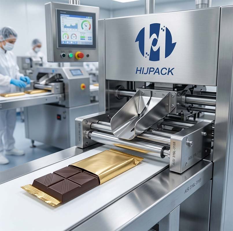 Close-up view of the HIJPACK chocolate bar wrapping machine with gold foil, highlighting the high-grade AISI 316L stainless steel construction and the forming and sealing rollers.
