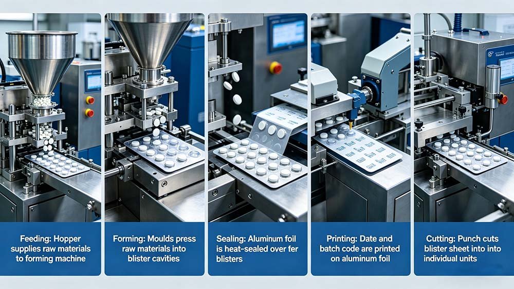 A 5-panel technical infographic illustrating how does a blister packaging machine work, including feeding, forming, sealing, printing, and cutting stages.