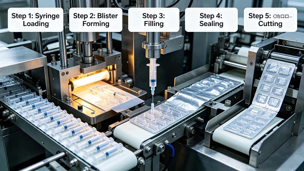 A detailed technical diagram showing how blister packing machine works syringes, featuring syringe loading, forming, filling, sealing, and cutting steps.