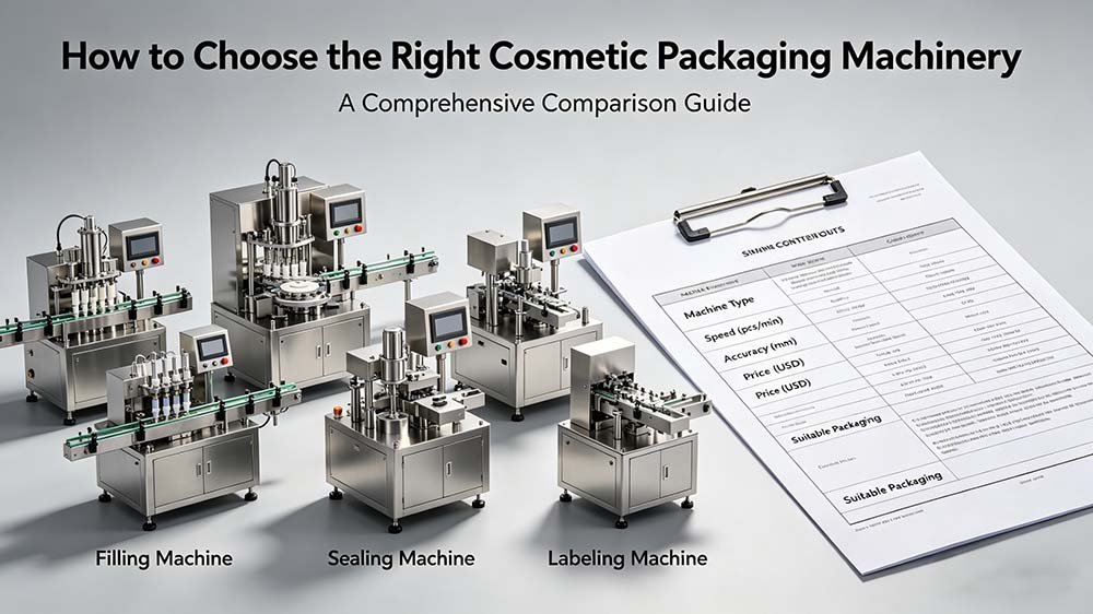 A comprehensive visual guide on how to choose cosmetic packaging machine, featuring filling, sealing, and labeling units next to a technical comparison checklist.
