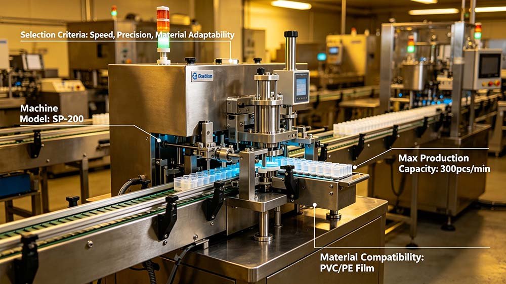 A professional medical syringe blister packaging machine illustrating the automated tray forming and precise loading process。