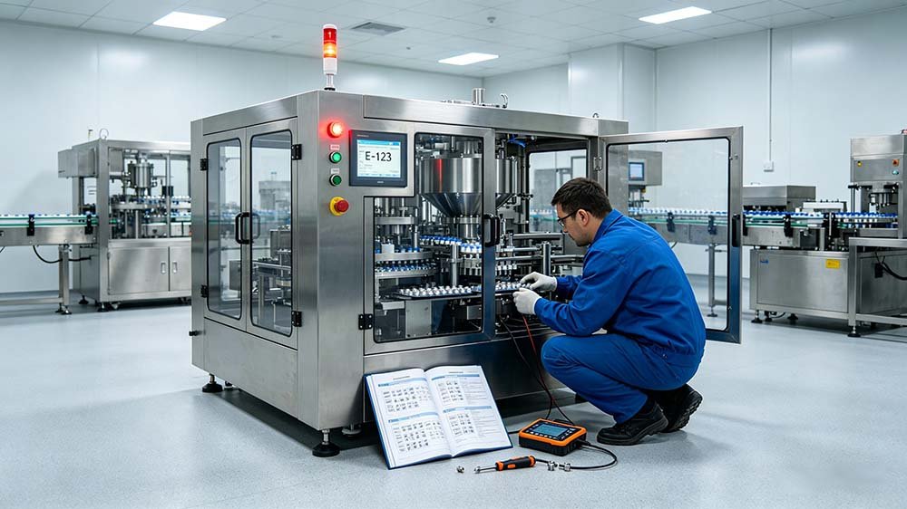 A pharmaceutical operator inspecting a finished capsule blister pack for common production defects.