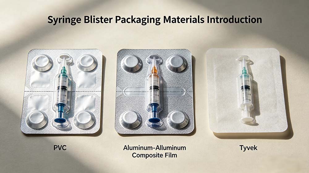A side-by-side comparison of three syringe blister pack materials: clear PVC, Alu-Alu (Aluminum-Aluminum Composite Film), and Tyvek.