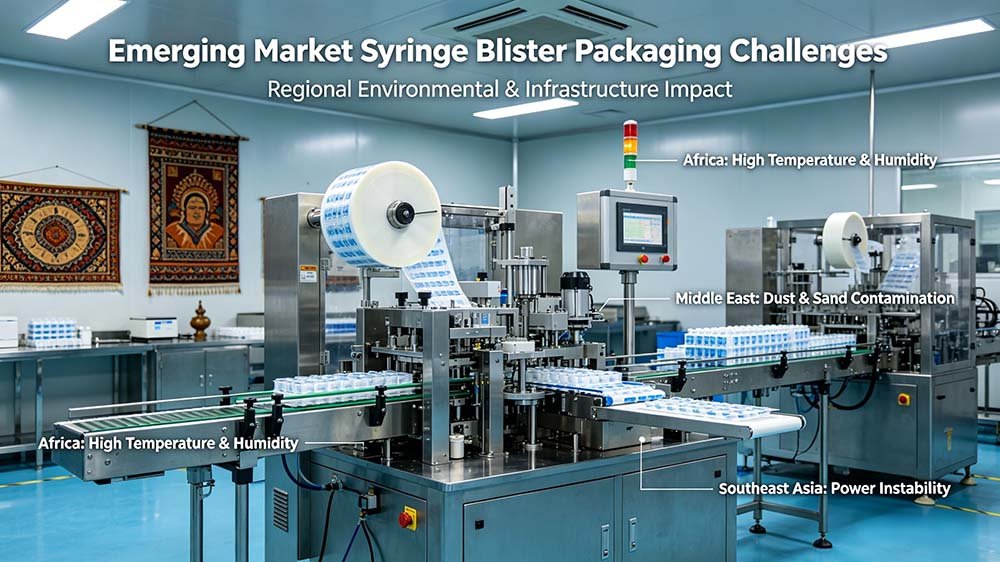 Infographic showing syringe blister packaging emerging markets challenges like humidity in Africa and power instability in Southeast Asia.