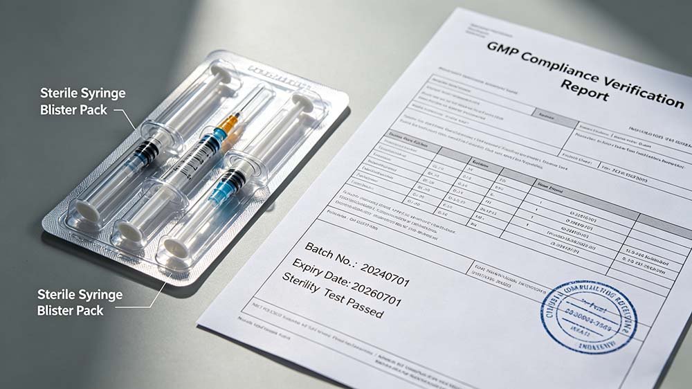 An automated production line illustrating syringe blister packaging GMP compliance within a certified pharmaceutical cleanroom environment.