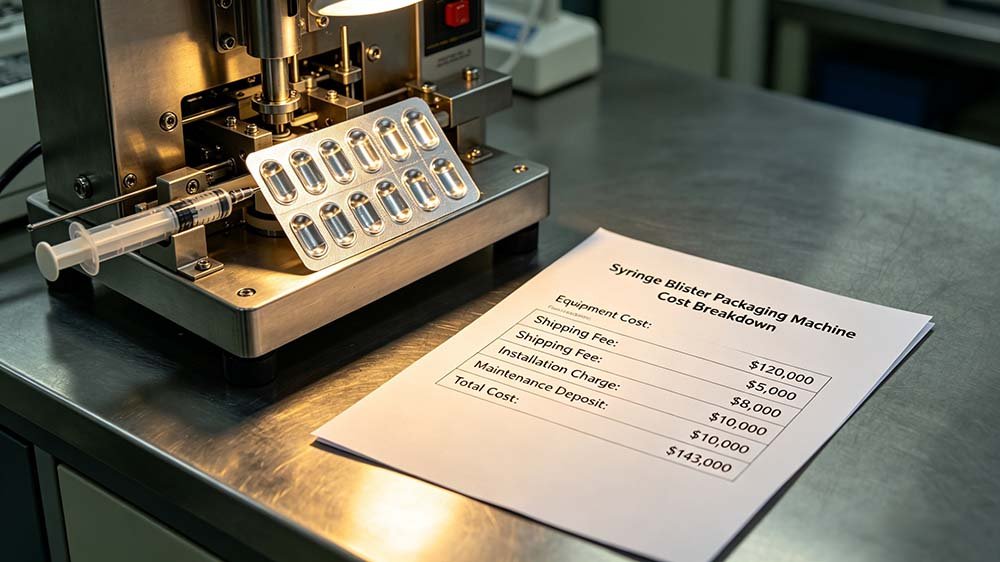 A document detailing the syringe-blister-packing-machine-cost breakdown, including equipment price, shipping, and installation fees.