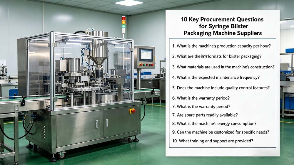 A professional checklist for selecting a syringe blister packing machine supplier, displayed next to a high-precision medical packaging machine.