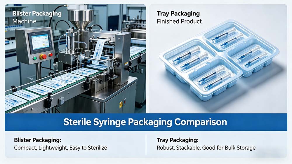 Side-by-side comparison of syringe blister packing vs tray packaging showing a compact blister machine output and a robust finished tray product.