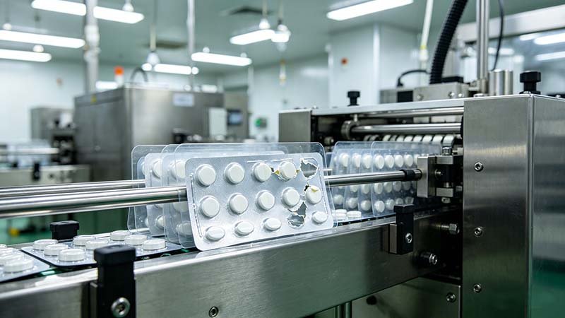 A damaged blister pack with torn foil on a conveyor, illustrating common tablet blister machine defects that require immediate troubleshooting.