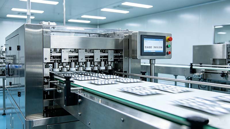 A Trustar packaging line demonstrating high tablet blister machine speed, outputting hundreds of blister per minute on a fast conveyor.