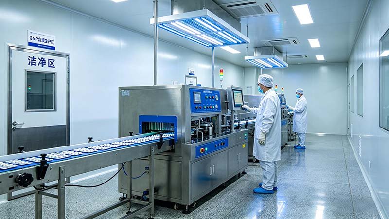 GMP-compliant tablet blister packaging line in pharma cleanroom meeting FDA 21 CFR Part 11 and WHO GMP URS requirements
