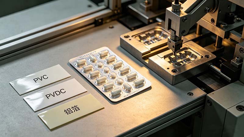 A close-up of a tablet blister packaging material PVC PVDC setup, showing a capsule blister pack next to forming dies and material labels.