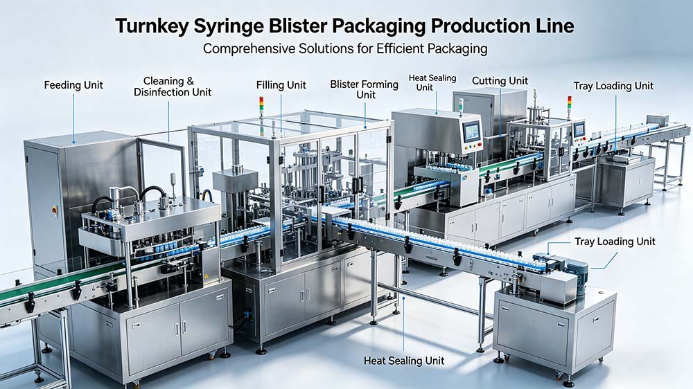 A comprehensive flowchart of a turnkey syringe blister packaging line showing syringe feeding, blister forming, loading, sealing, and inspection.