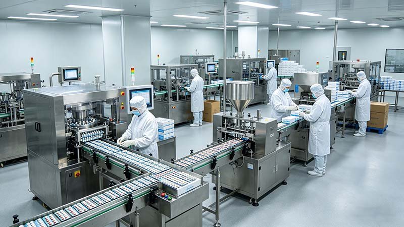 A complete turnkey tablet blister packaging line in a GMP cleanroom, showing the automated workflow from blister forming to final cartoning.