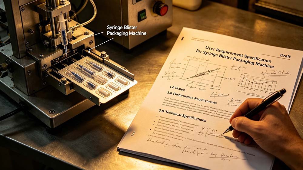 A regulatory comparison table for a URS syringe blister packing machine, listing FDA 21 CFR, EU GMP, and WHO GMP standards.