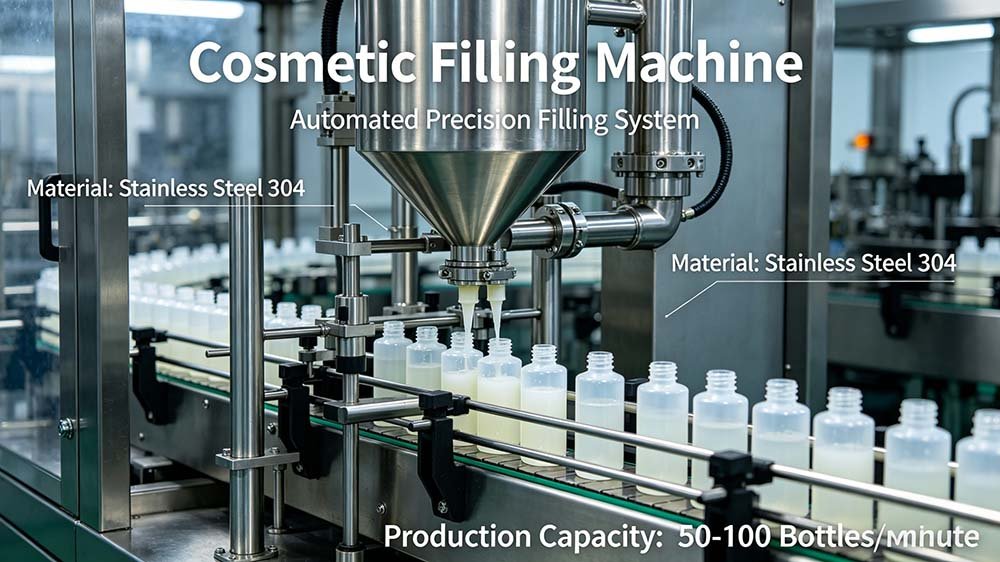 An automated precision cosmetic filling machine made of 304 stainless steel filling white bottles on a conveyor line.