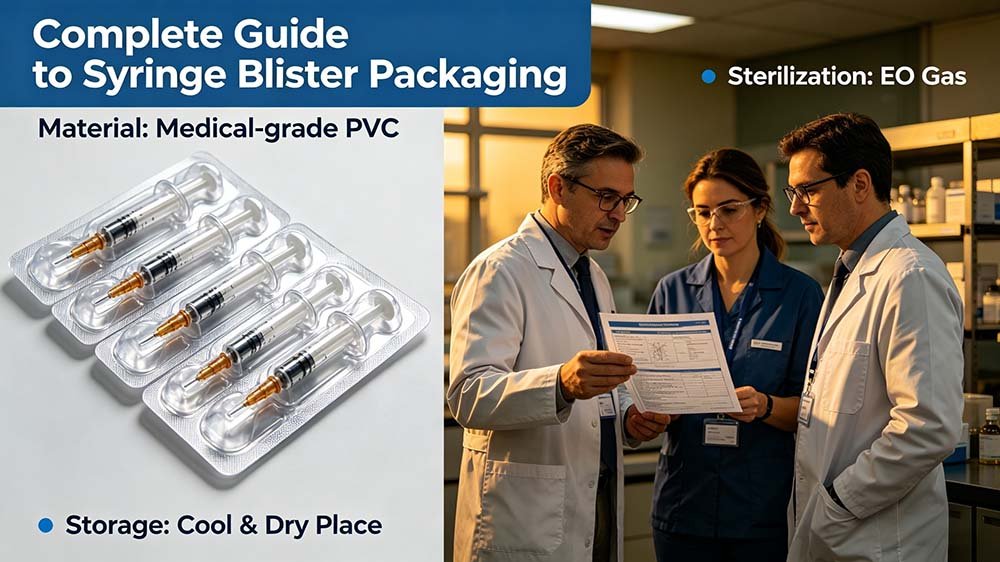 A detailed technical diagram defining what is a syringe blister pack, illustrating the lidding material, forming film, and protective cavity.