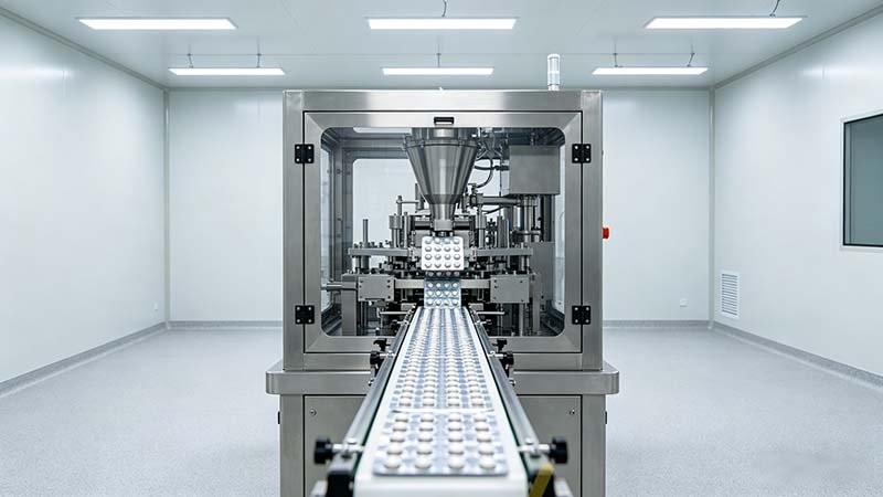 A frontal cleanroom view explaining what is tablet blister packing machine, featuring a modern Trustar unit producing pharmaceutical blister packs.