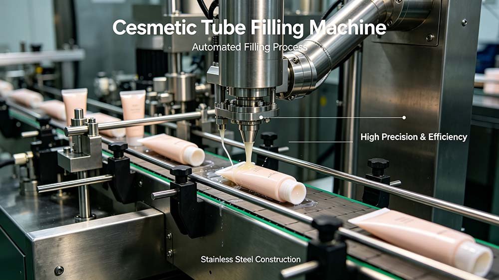 A professional infographic defining a tube filling machine for cosmetics, showing the feeding system, filling station, and sealing unit.