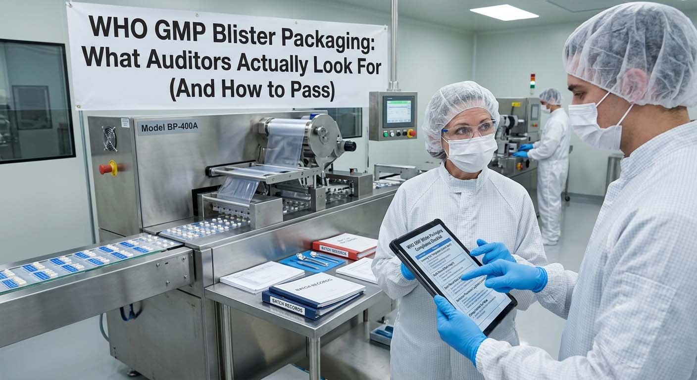 WHO GMP blister packaging documentation audit for chocolate export production line — IQ OQ records and Declaration of Conformity under review