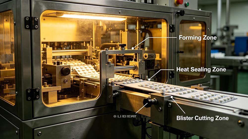 A professional cleanroom workflow diagram explaining the process of what is a blister packaging machine, from filling to cutting。