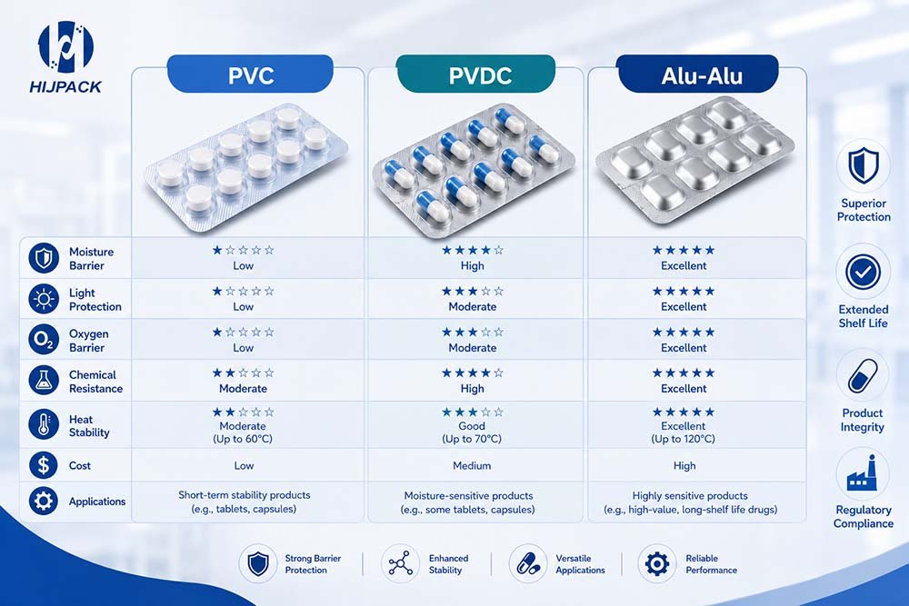 PVC vs PVC/PVDC vs Alu-Alu blister packaging material barrier comparison