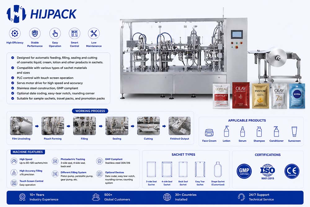 HIJPACK automatic cosmetic sachet packaging machine with horizontal film unwinding, integrated HMI control, and sample retail single-dose pouch packs.