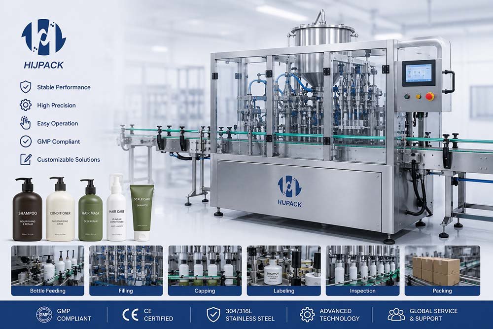 HIJ shampoo filling machine and hair care packaging line filling and capping shampoo bottles
